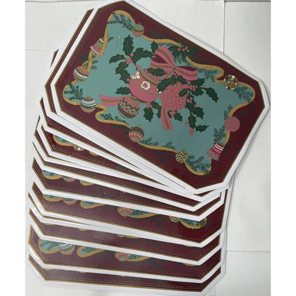 Vintage Town & Country Vinyl Lot Of 12 Placemats Christmas Ornaments‎ Pink 12x18